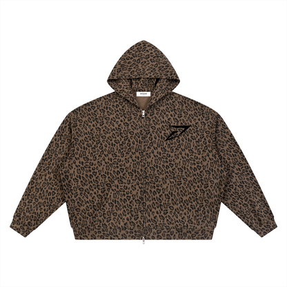 Unisex Leopard Print Waffle Full Zip Hoodie