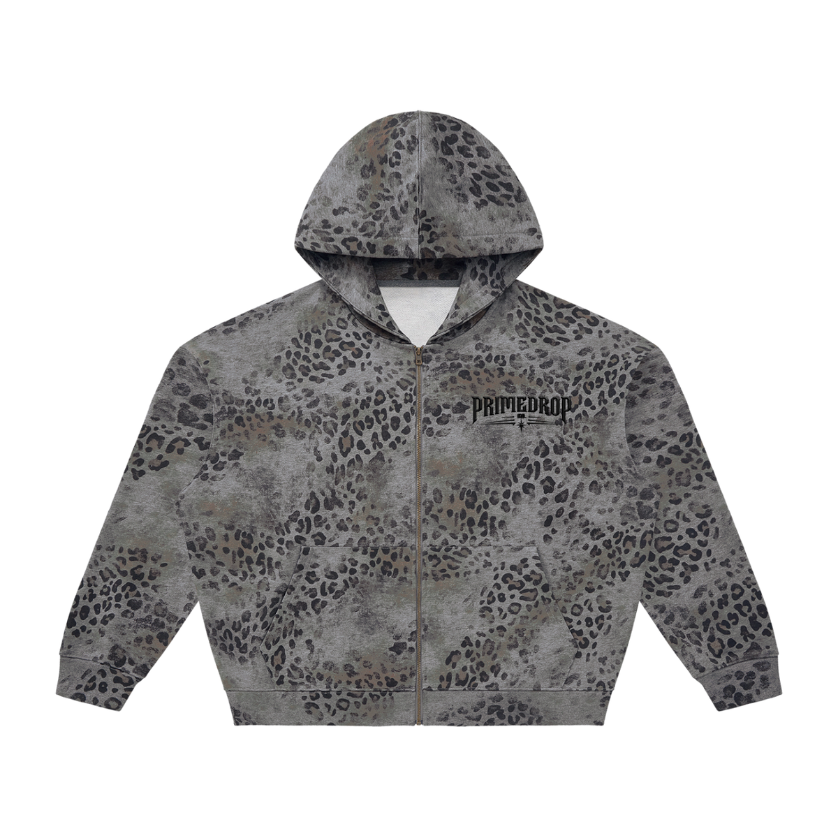 PrimeDrop Unisex Vintage Wash Leopard Full Zip Hoodie