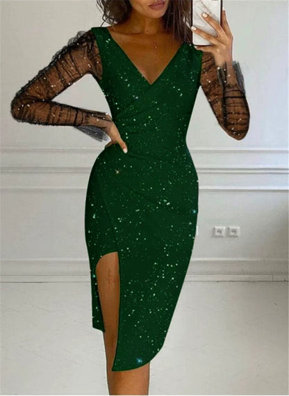 Women's Fashion Rhinestone V Neck Sheath Sexy Mesh Dress