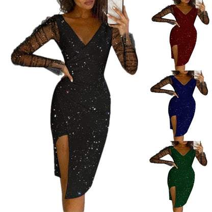 Women's Fashion Rhinestone V Neck Sheath Sexy Mesh Dress
