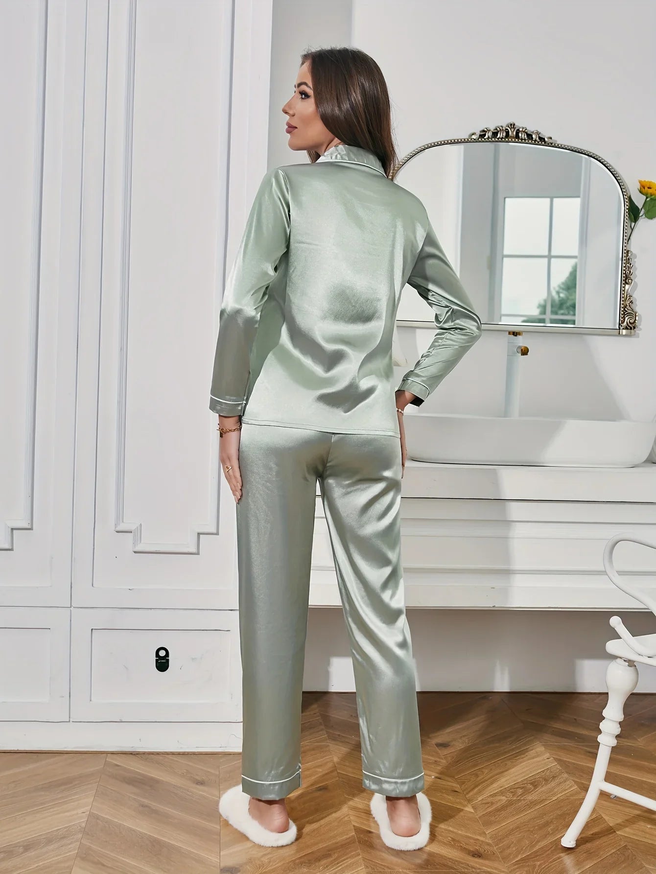 Women Solid Pajama Set Long Sleeve Button Up Lapel Top & Pants