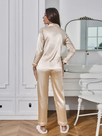 Women Solid Pajama Set Long Sleeve Button Up Lapel Top & Pants