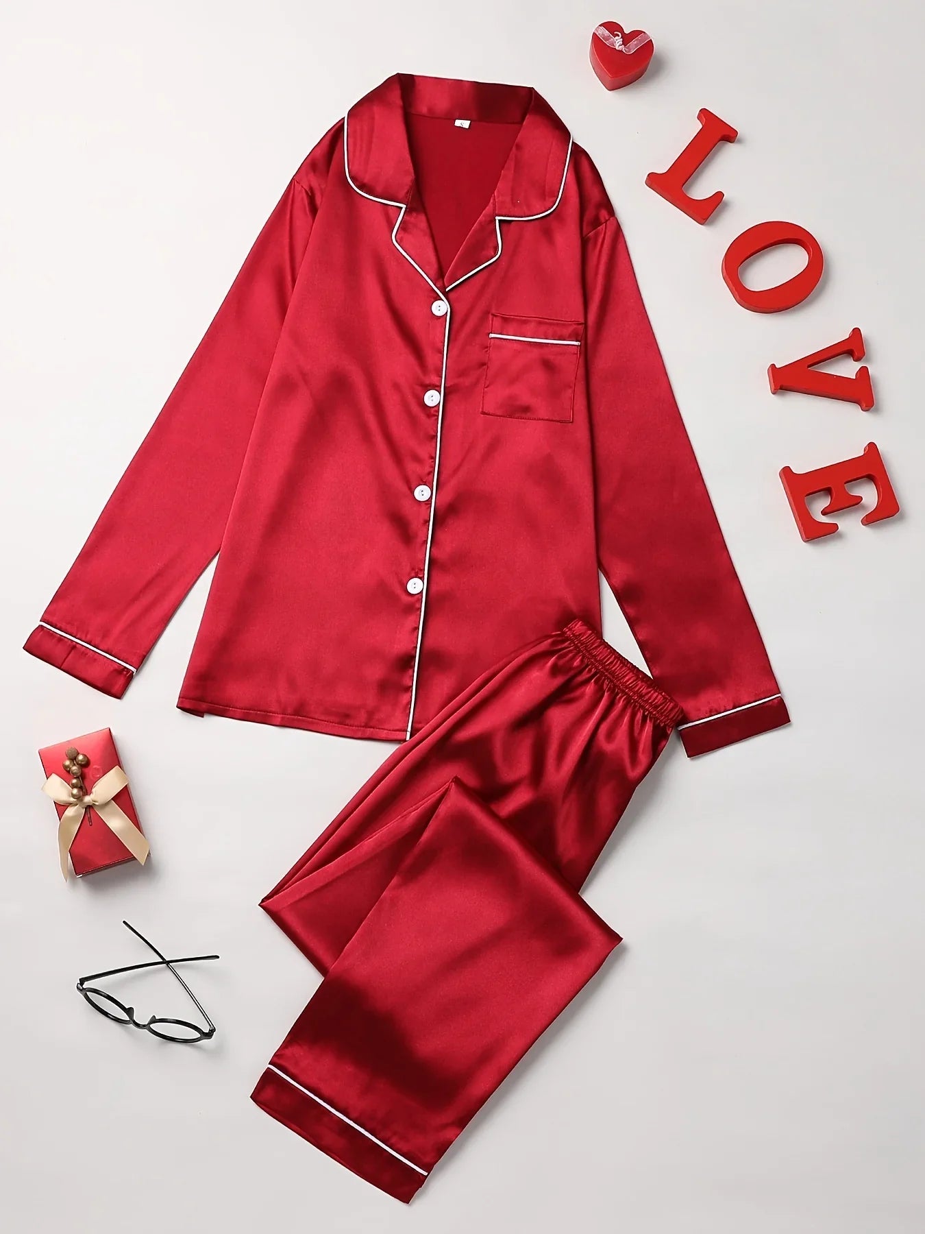 Women Solid Pajama Set Long Sleeve Button Up Lapel Top & Pants