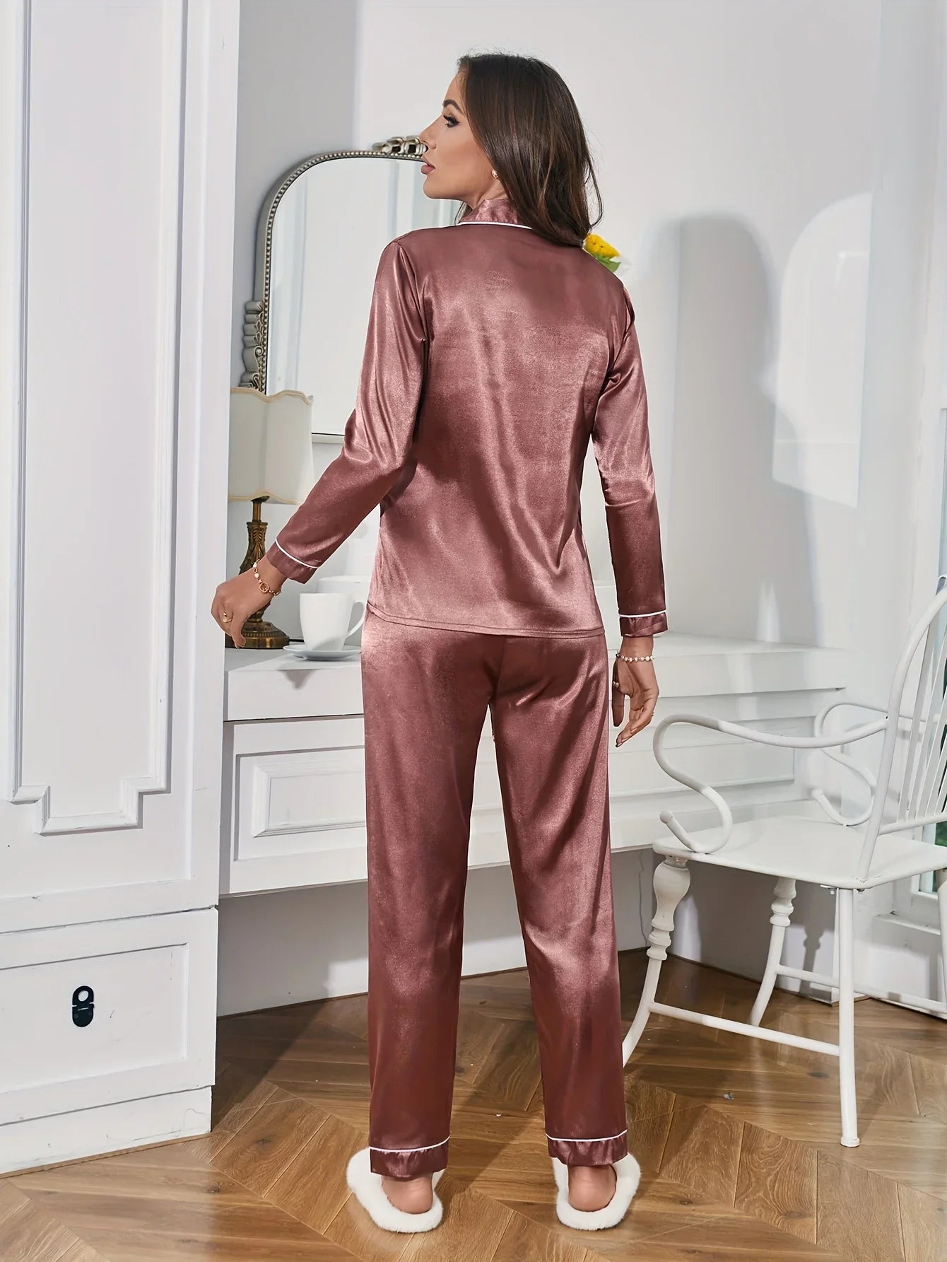 Women Solid Pajama Set Long Sleeve Button Up Lapel Top & Pants