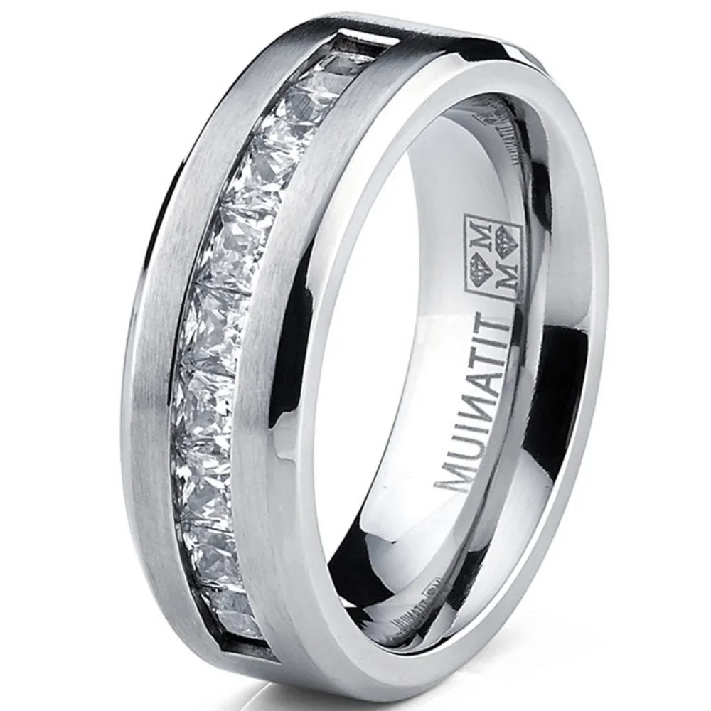 Silver Plated Stainless Steel Rings for Men Square Cubic Zircon