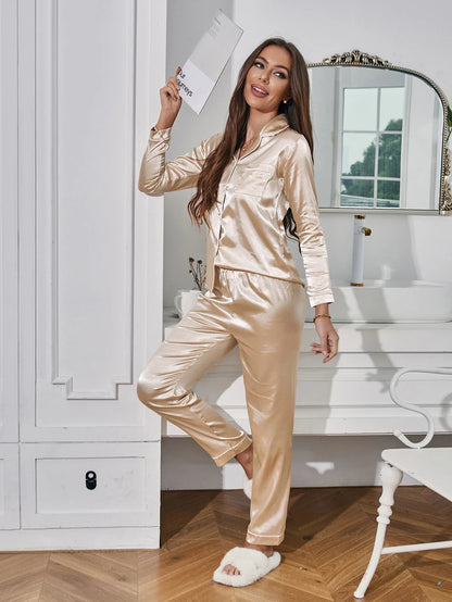 Women Solid Pajama Set Long Sleeve Button Up Lapel Top & Pants