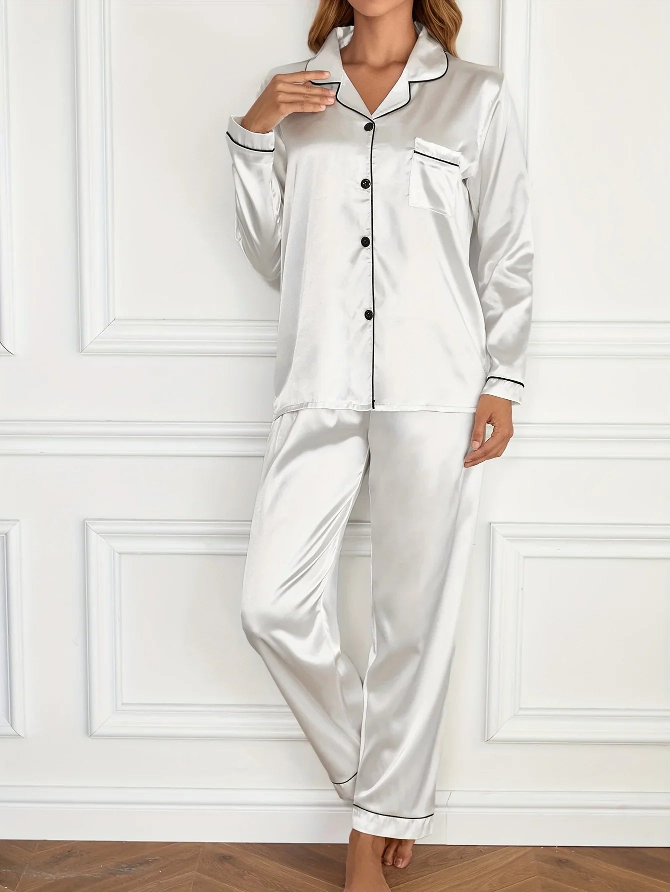 Women Solid Pajama Set Long Sleeve Button Up Lapel Top & Pants