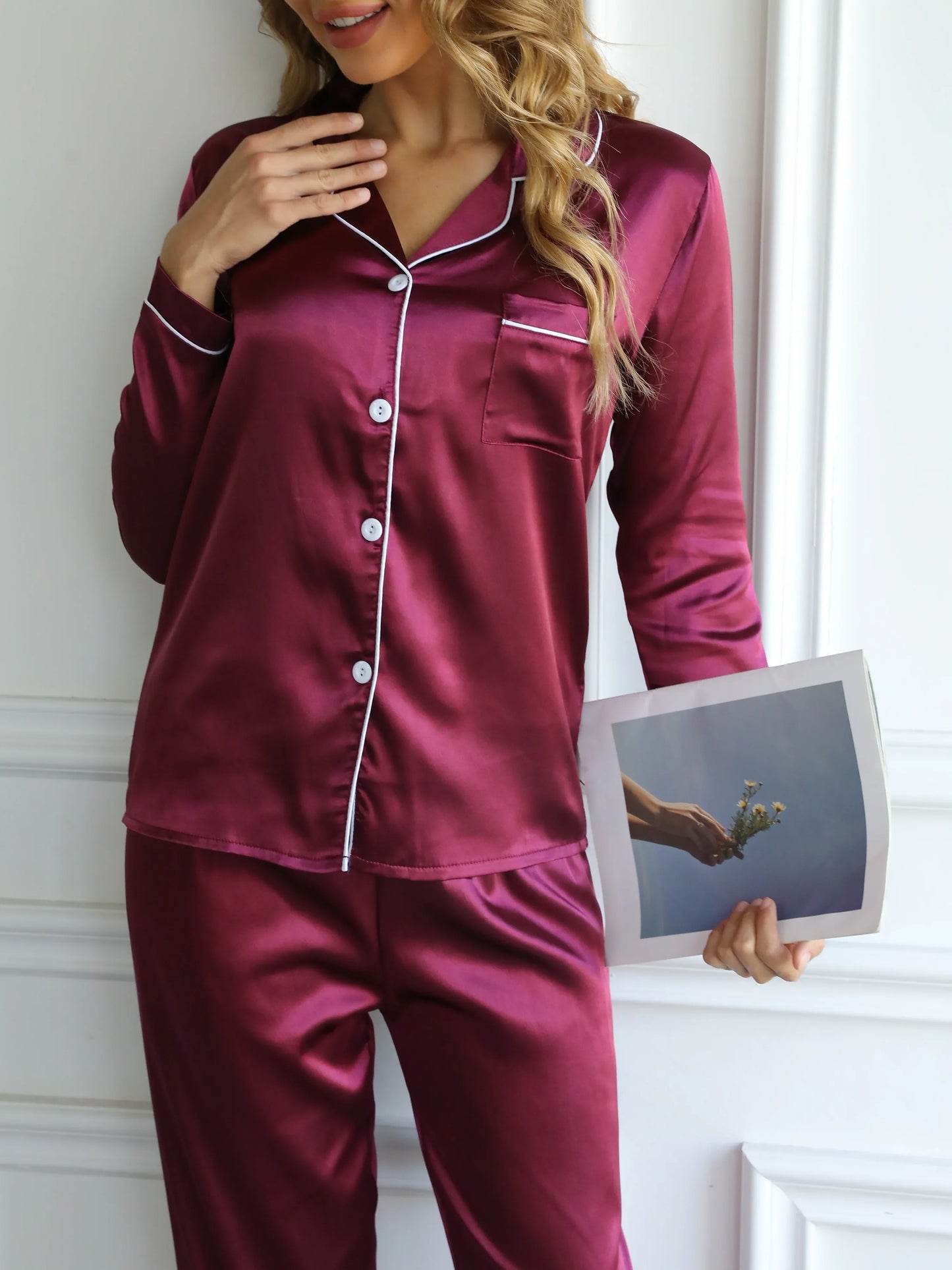 Women Solid Pajama Set Long Sleeve Button Up Lapel Top & Pants