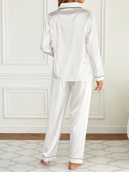 Women Solid Pajama Set Long Sleeve Button Up Lapel Top & Pants