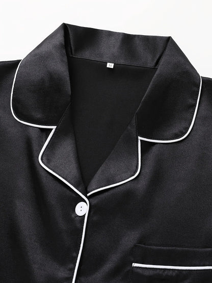 Women Solid Pajama Set Long Sleeve Button Up Lapel Top & Pants