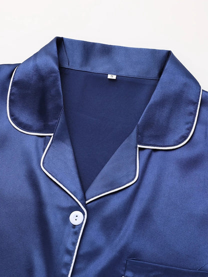 Women Solid Pajama Set Long Sleeve Button Up Lapel Top & Pants