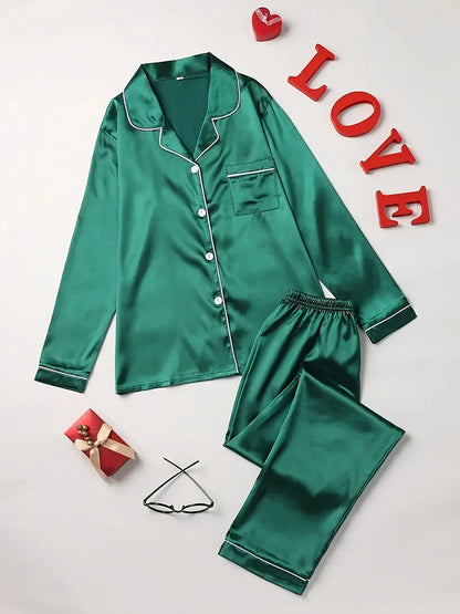 Women Solid Pajama Set Long Sleeve Button Up Lapel Top & Pants
