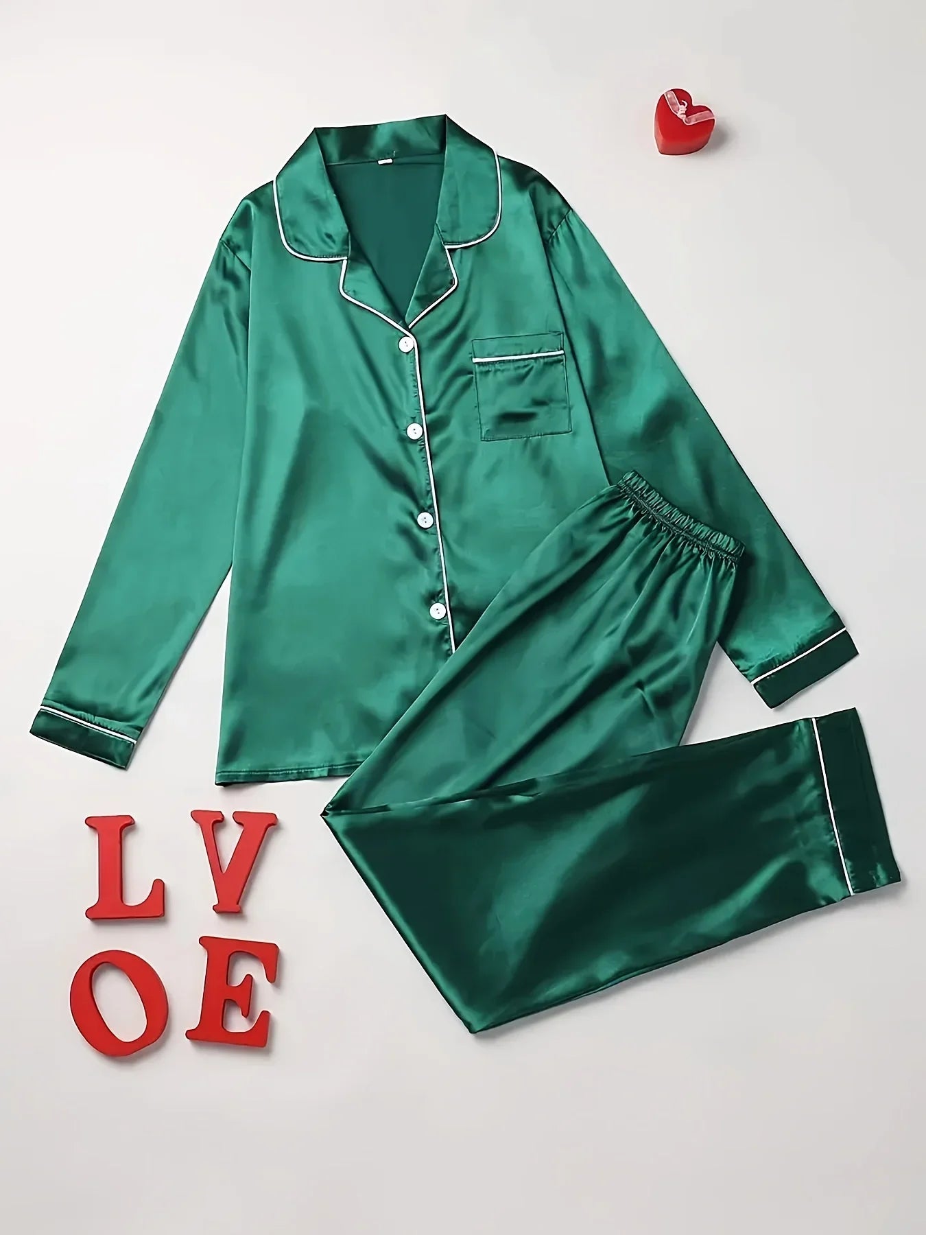Women Solid Pajama Set Long Sleeve Button Up Lapel Top & Pants