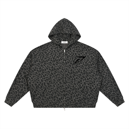 Unisex Leopard Print Waffle Full Zip Hoodie