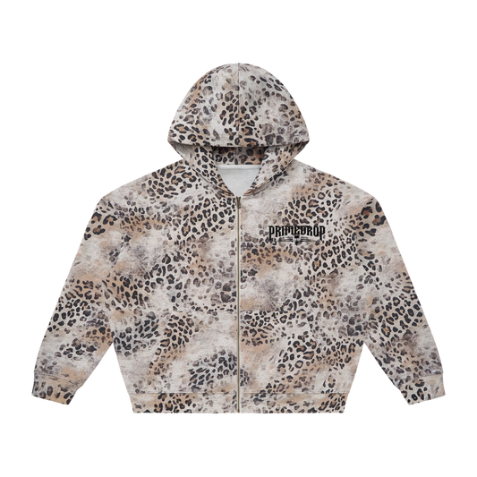 PrimeDrop Unisex Vintage Wash Leopard Full Zip Hoodie